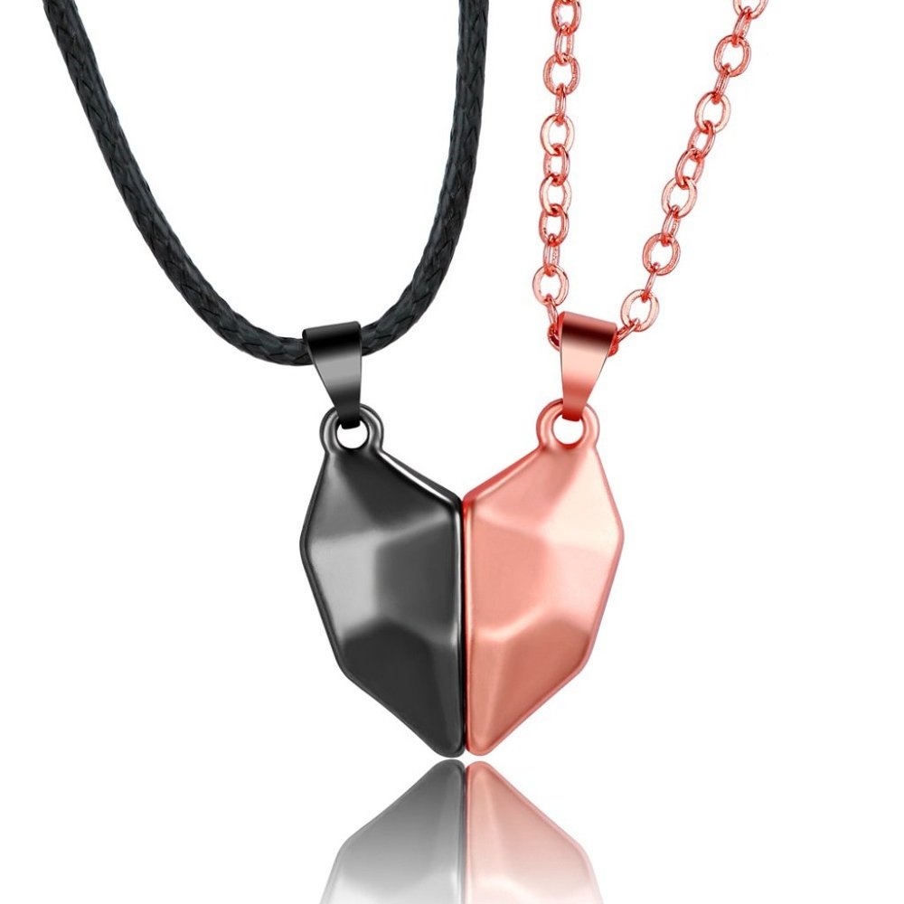 Heart Magnet Necklace Set for Couple - Black w/ Pink, Great Gift,‎ Anniversary